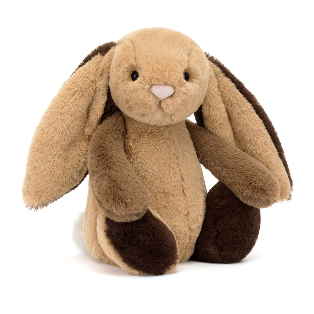 Lapin Jellycat Bashful en peluche beige doré aux longues oreilles tombantes bicolores, assis, compagnon doux pour bébés dès la naissance