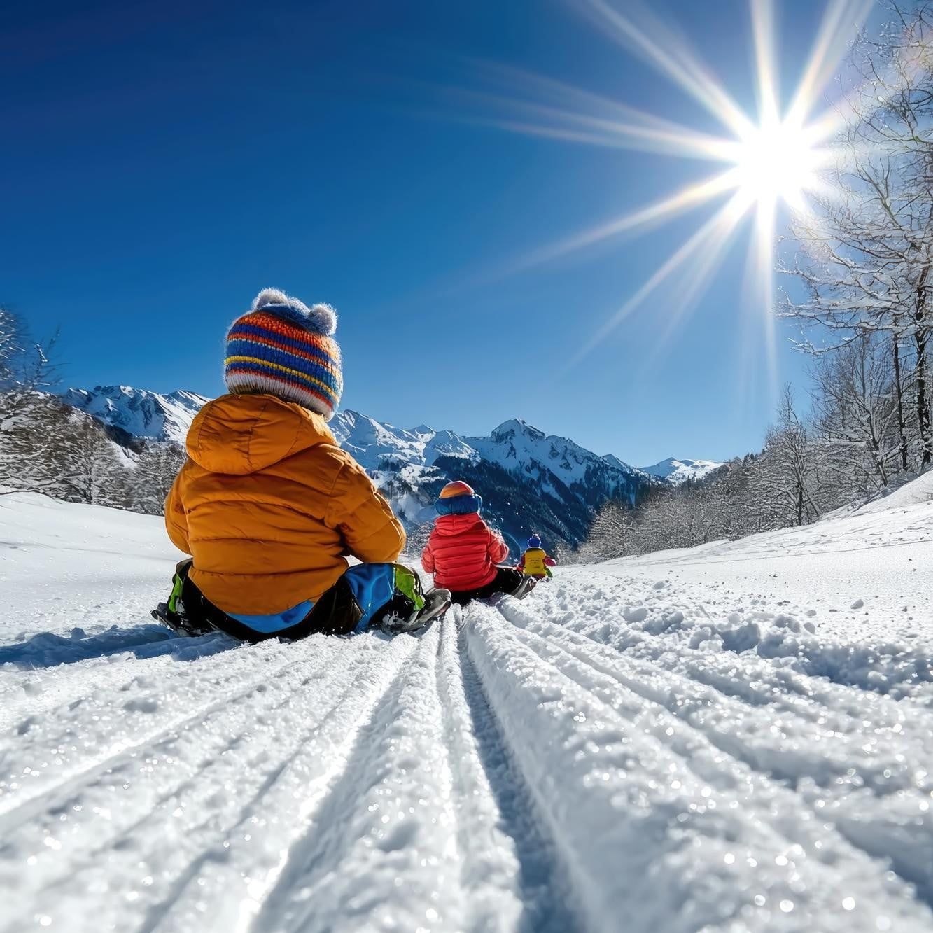 Enfants descendant une piste enneigée en luge, en l’occasion d’une journée ensoleillée à la montagne, pendant la semaine de relâche.