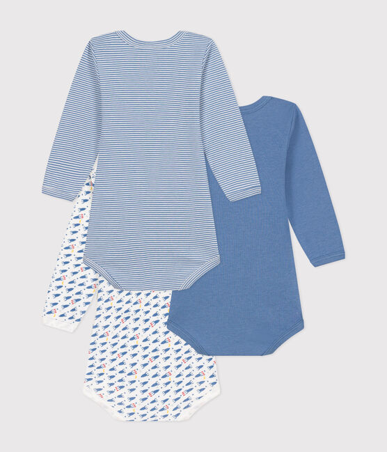2 bodies à manches longues bleu clair, foncé et blanc à motif bleu.