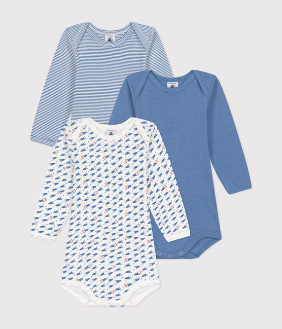 2 bodies à manches longues bleu clair, foncé et blanc à motif bleu.