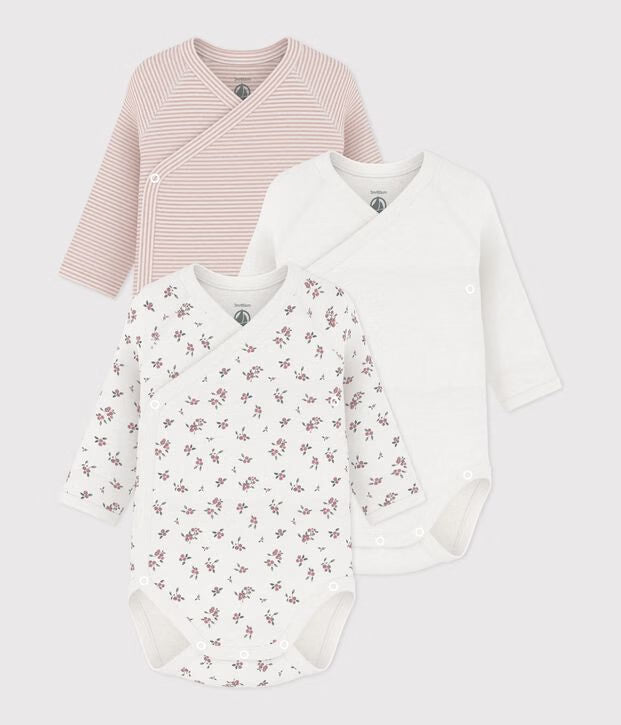 Petit Bateau - Pack of Printed Cotton Long-Sleeve Crossover Baby Bodysuits