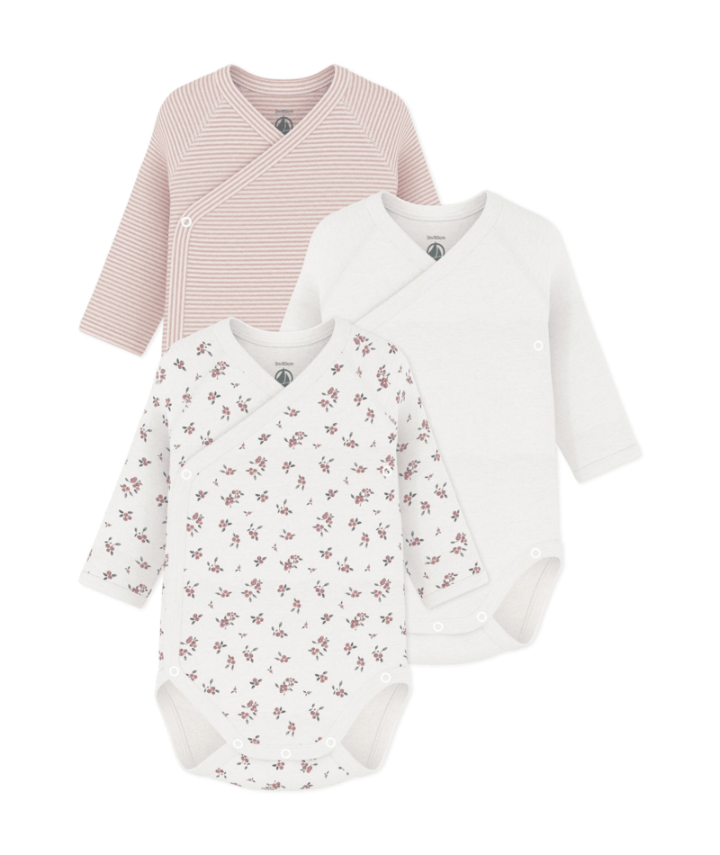 Petit Bateau - Pack of Printed Cotton Long-Sleeve Crossover Baby Bodysuits