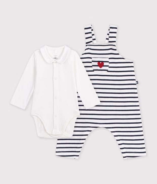 Petit Bateau - Ensemble salopette et body bébé en coton avec col, à rayures