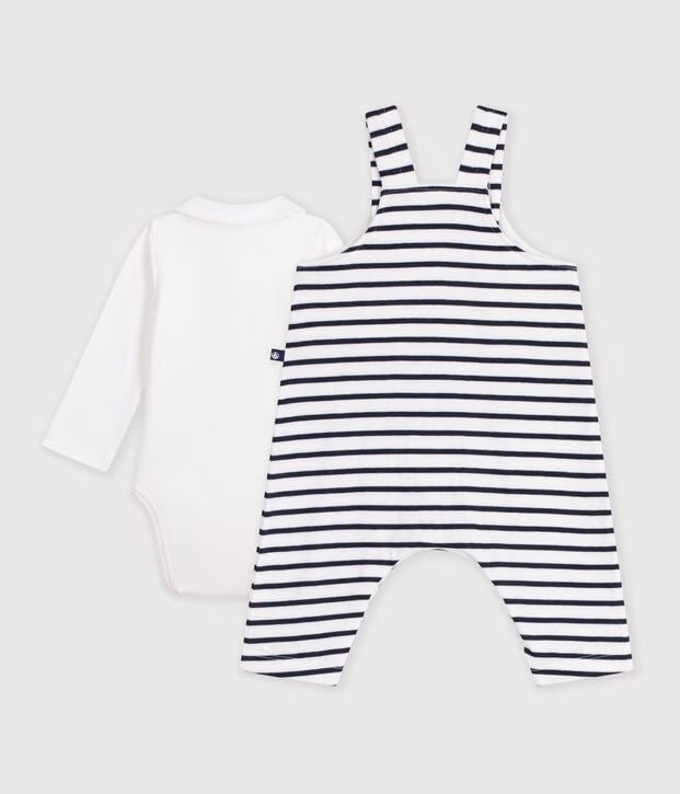 Petit Bateau - Ensemble salopette et body bébé en coton avec col, à rayures