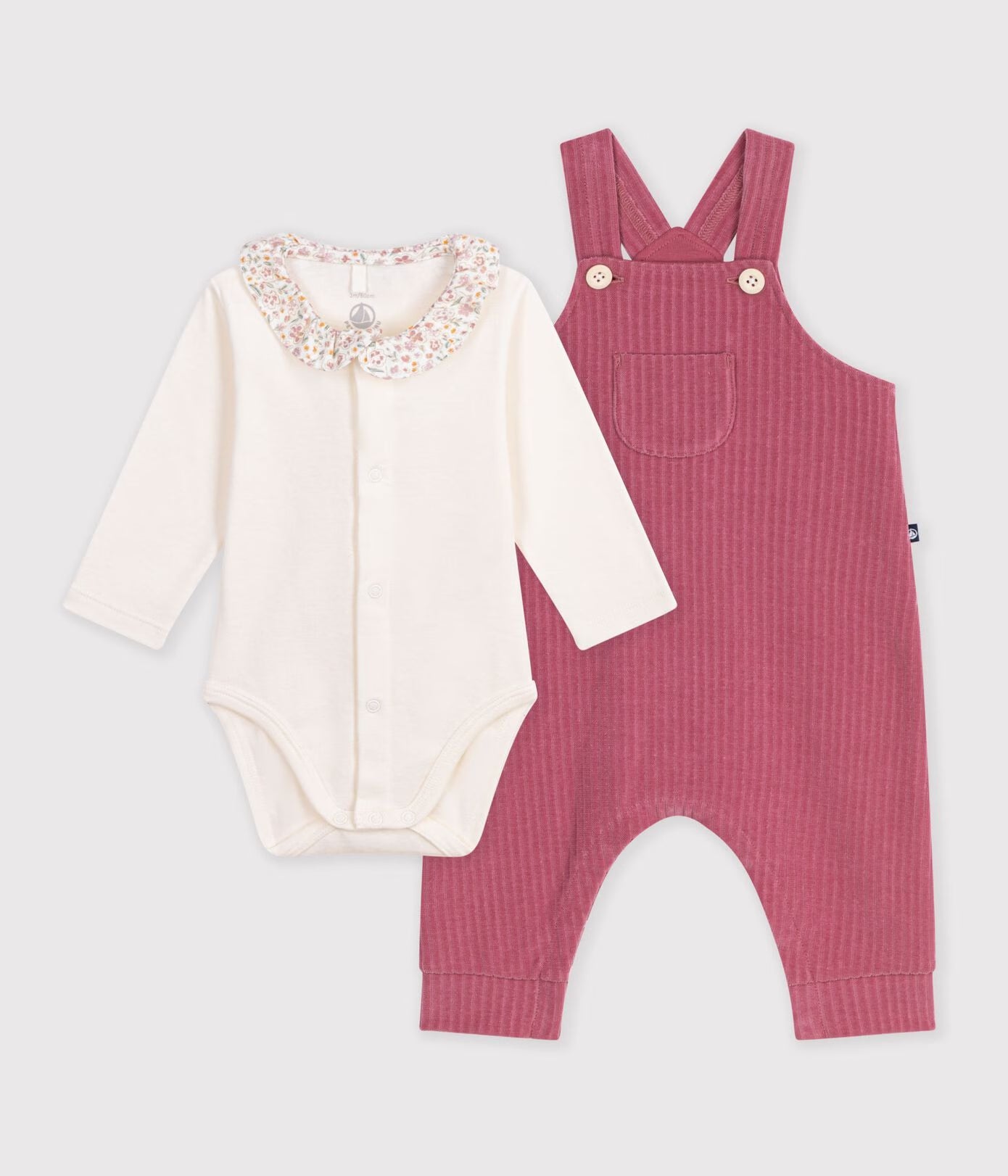 Petit Bateau - Ensemble salopette et body bébé en coton avec col uni