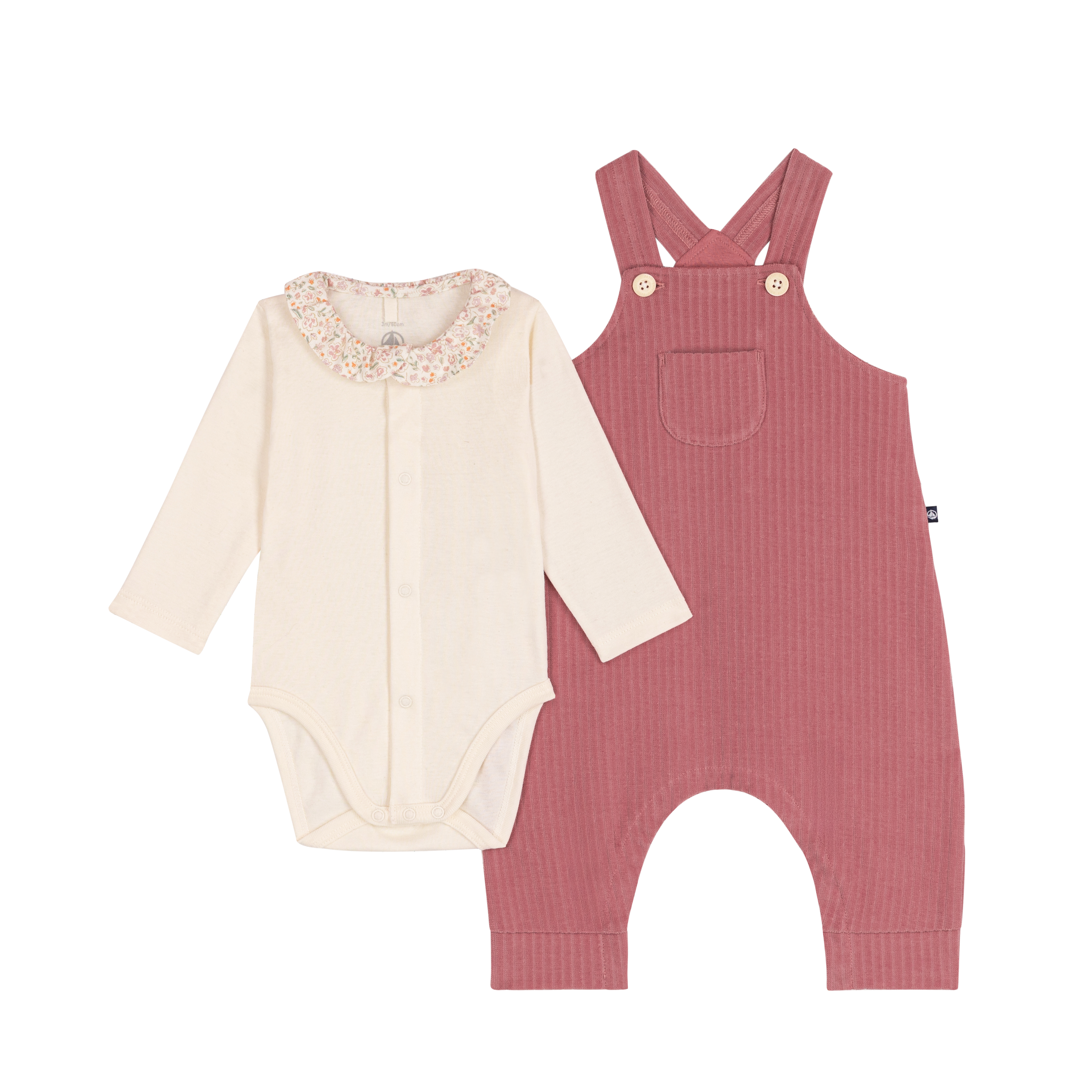 Petit Bateau - Baby's cotton dungarees and bodysuit set with plain collar