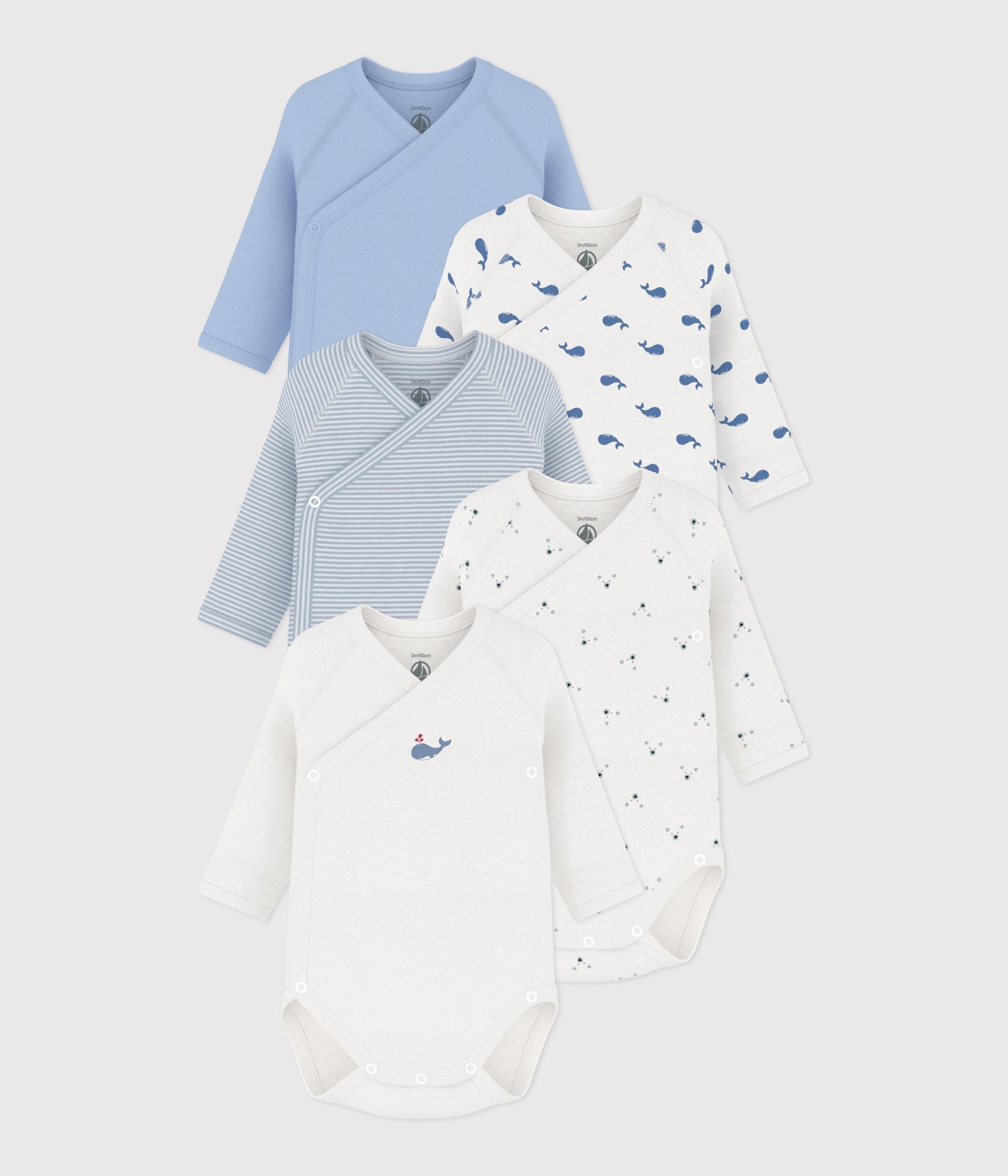 Petit Bateau - Pack of Printed Cotton Long-Sleeve Crossover Baby Bodysuits