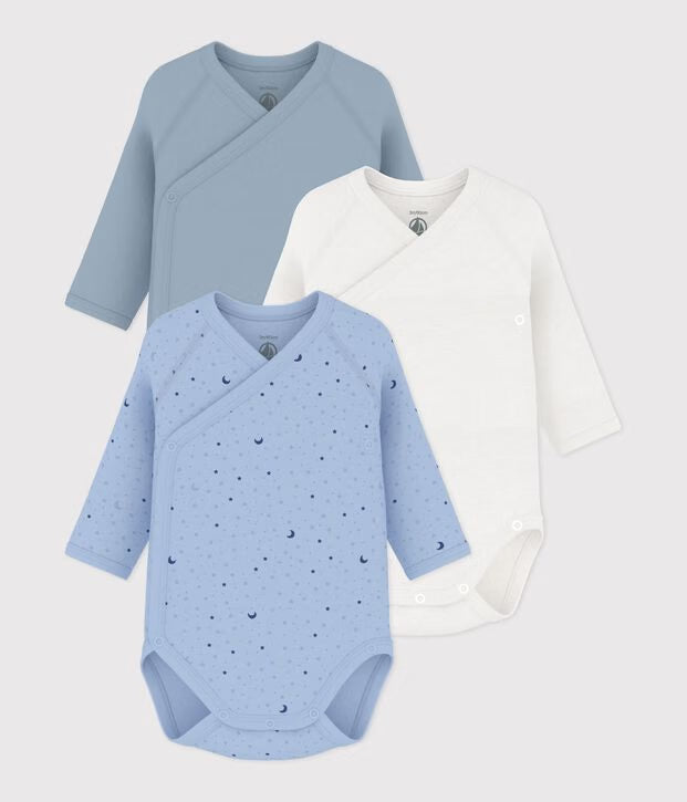 Petit Bateau - Pack of long-sleeved crossover printed cotton bodysuits for baby