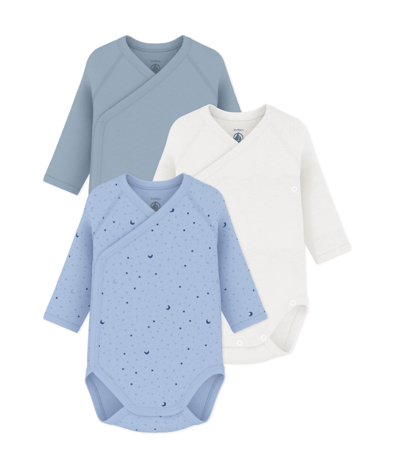 Petit Bateau - Pack of long-sleeved crossover printed cotton bodysuits for baby