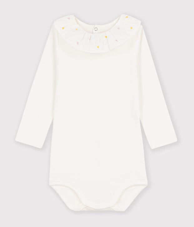 Petit Bateau - Plain cotton baby bodysuit with embroidered collar