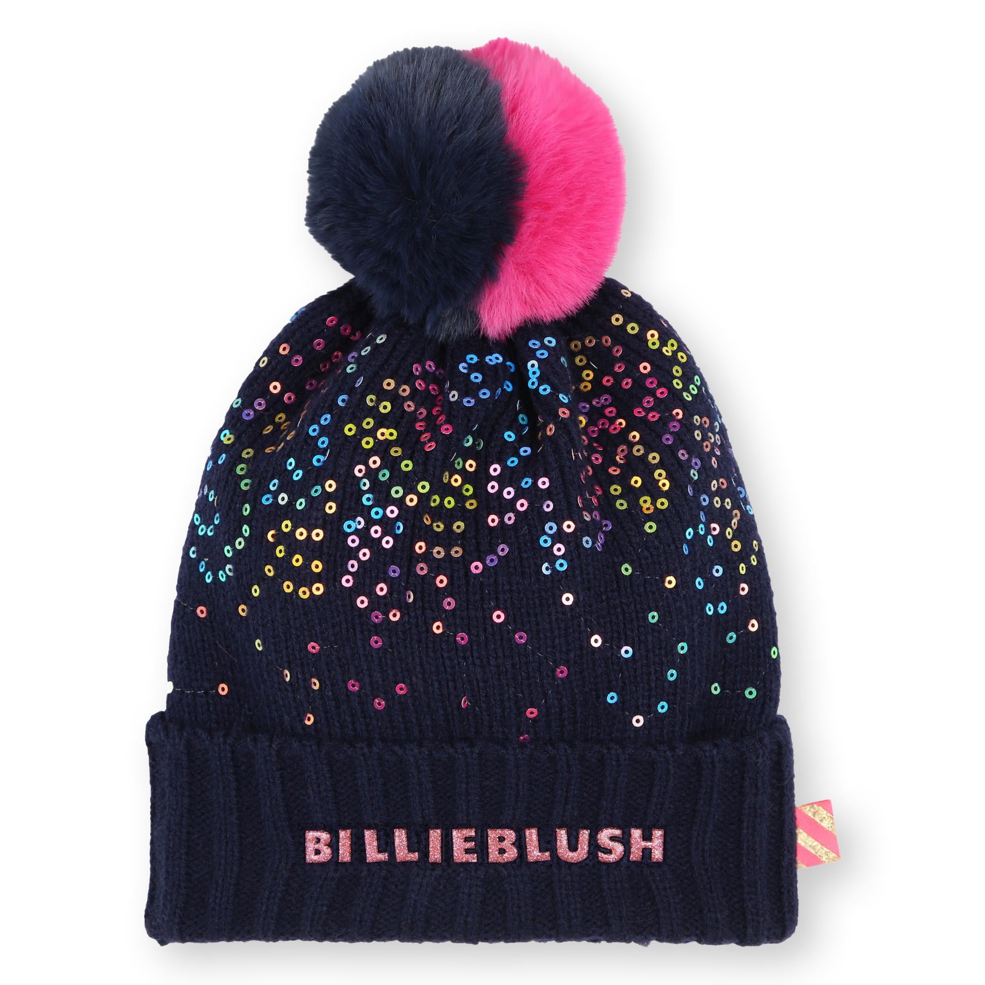 Bonnet pour enfants indigo avec pompon bicolore et paillettes multicolores de BillieBlush.