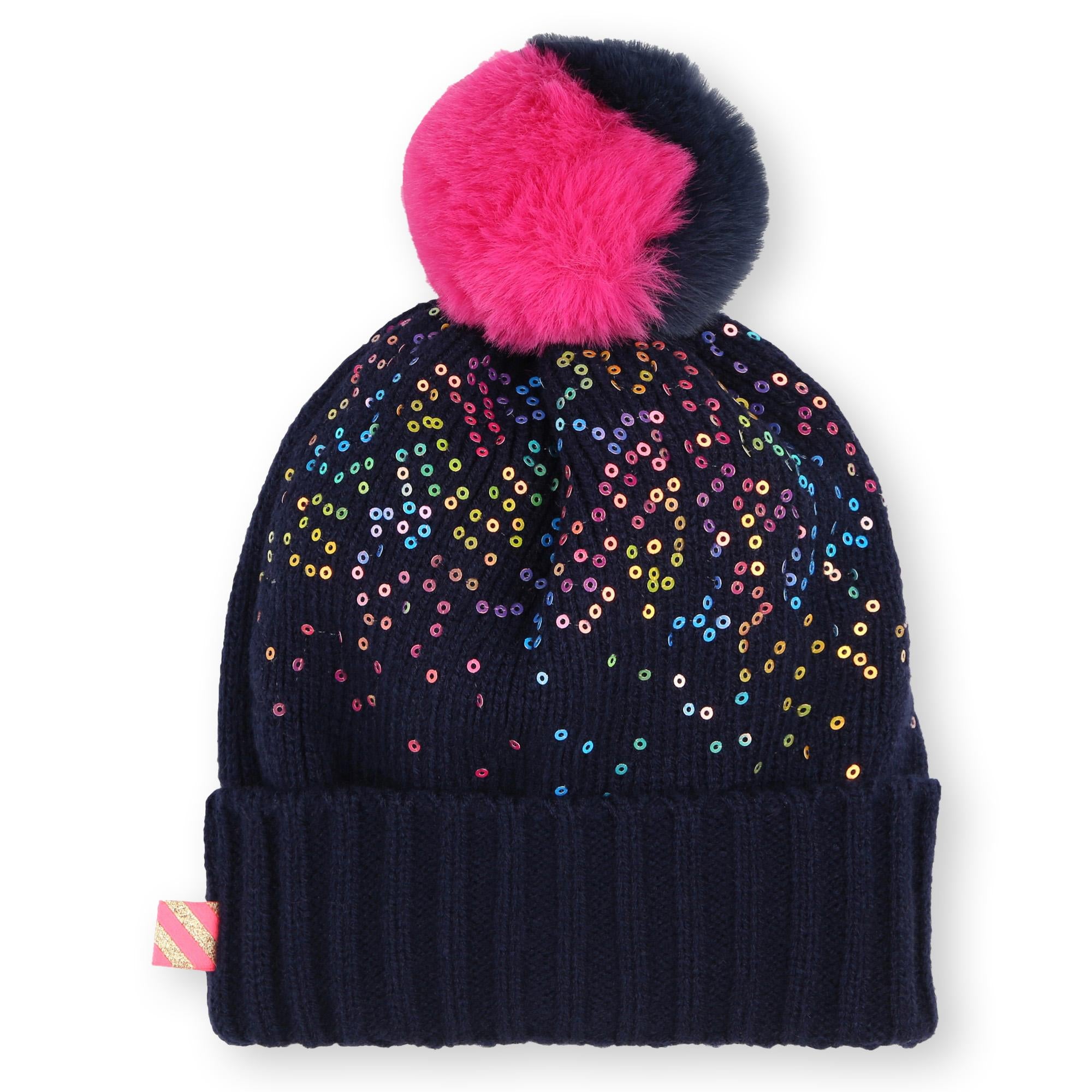 Bonnet pour enfants indigo avec pompon bicolore et paillettes multicolores de BillieBlush.