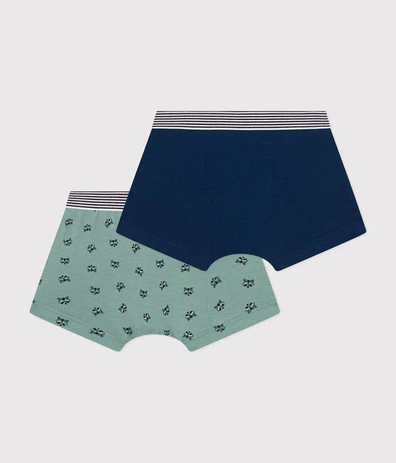 2 paires de boxers superposées. Une verte avec motif de raton illustrés et l'autre bleu marine.