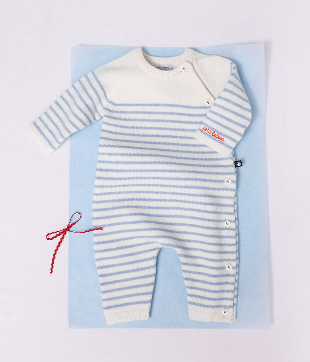 Petit Bateau - Combinaison bébé en tricot laine et coton à rayures