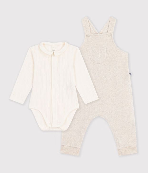 Petit Bateau - Ensemble salopette et body bébé en coton avec col uni