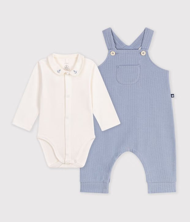 Petit Bateau - Ensemble salopette et body bébé en coton avec col uni