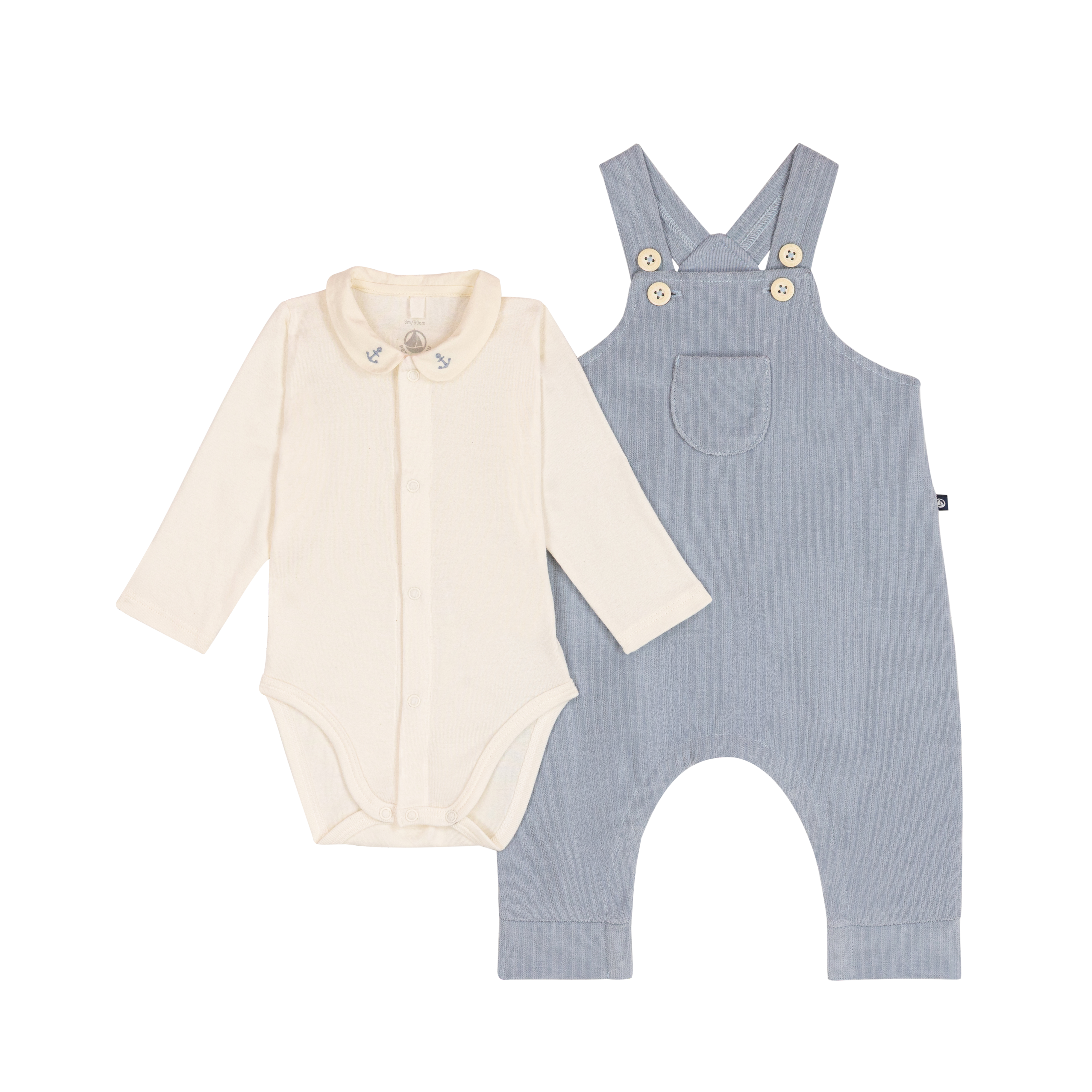 Petit Bateau - Baby's cotton dungarees and bodysuit set with plain collar
