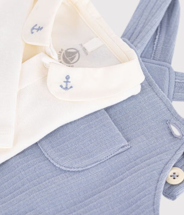 Petit Bateau - Ensemble salopette et body bébé en coton avec col uni