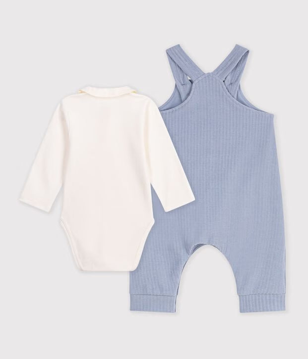 Petit Bateau - Ensemble salopette et body bébé en coton avec col uni