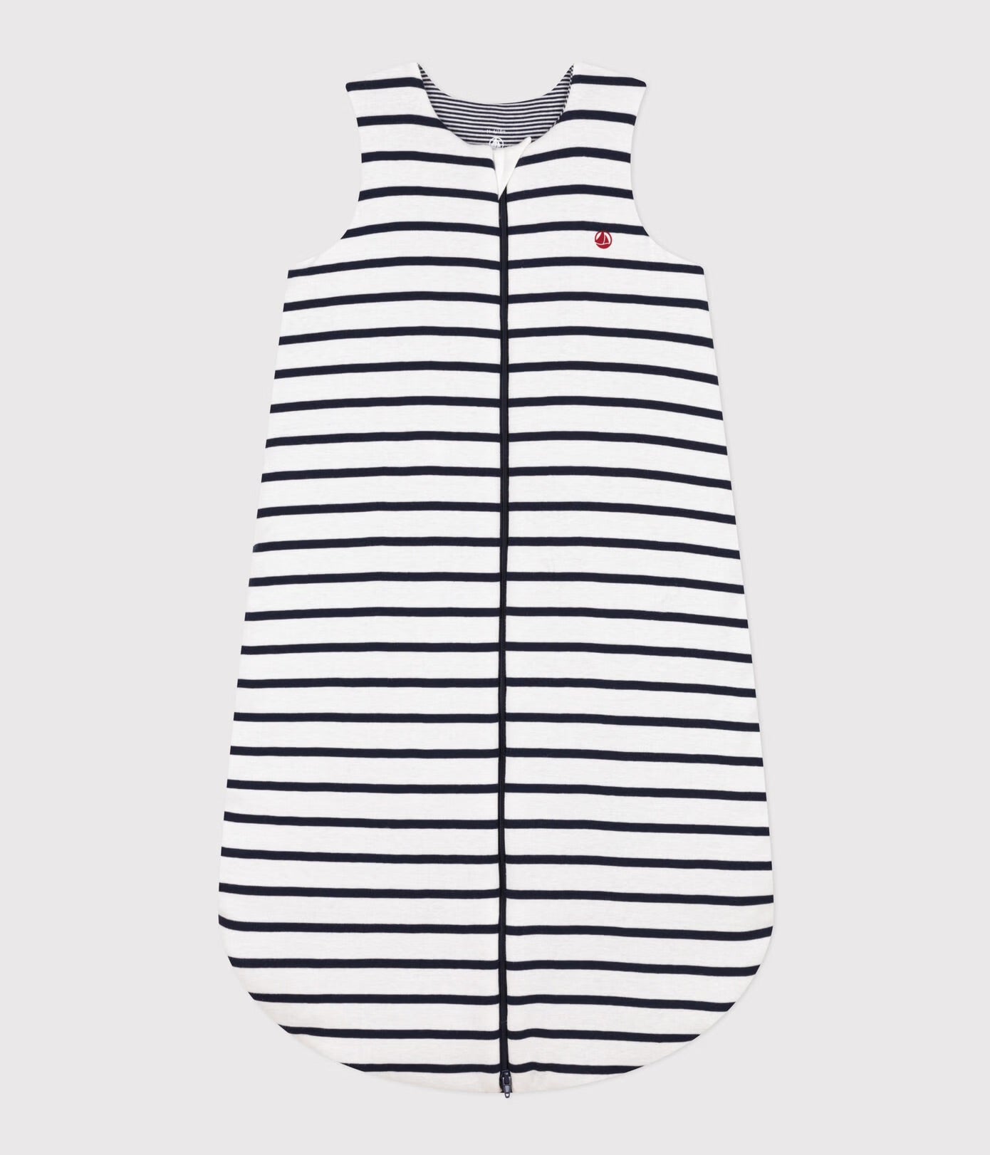 Gigoteuse pour bébé avec zipper frontal, rayé blanc et bleu.