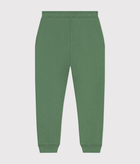 Un pantalon jogging vert à taille élastique et lacet ajustable noir, cheville élastique.