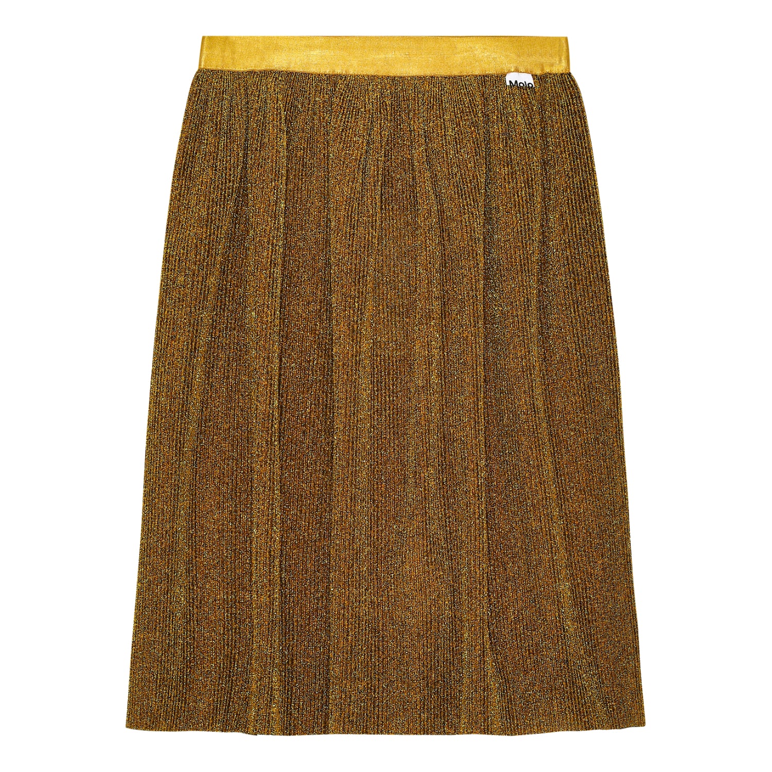 Une jupe à plis brillante dorée, avec une taille élastique jaune.