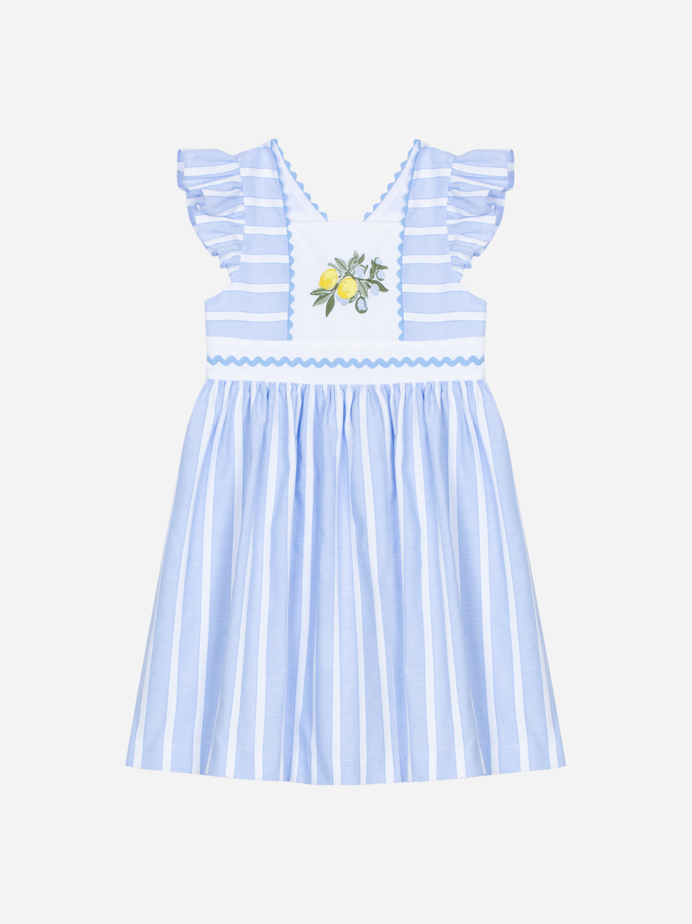 Patachou - Light Blue dress with striped print and lemon embroidery