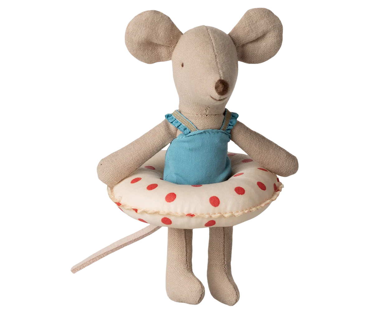 Maileg - Little sister, Beach mouse with float - Red dots
