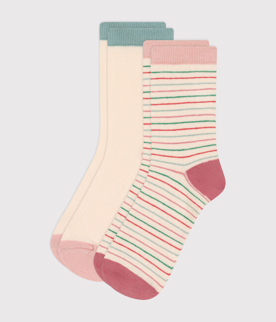 2 paires de chaussettes superposées, en blanc, rose et vert. Une rayée et l'autre color block.