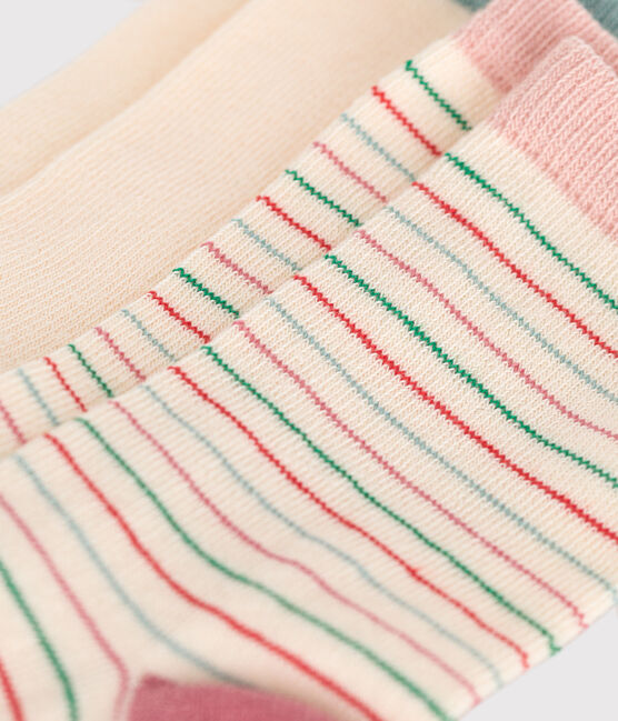 2 paires de chaussettes superposées, en blanc, rose et vert. Une rayée et l'autre color block.