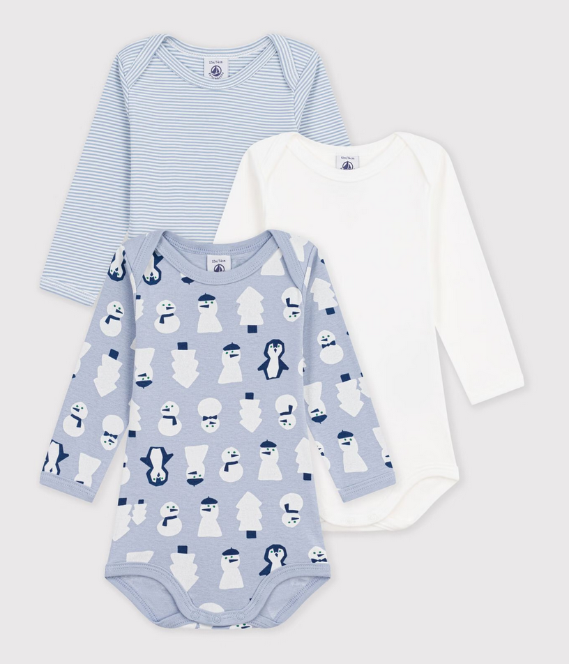 Petit Bateau - Lot de bodies manches longues en coton imprimé bonhommes de neige