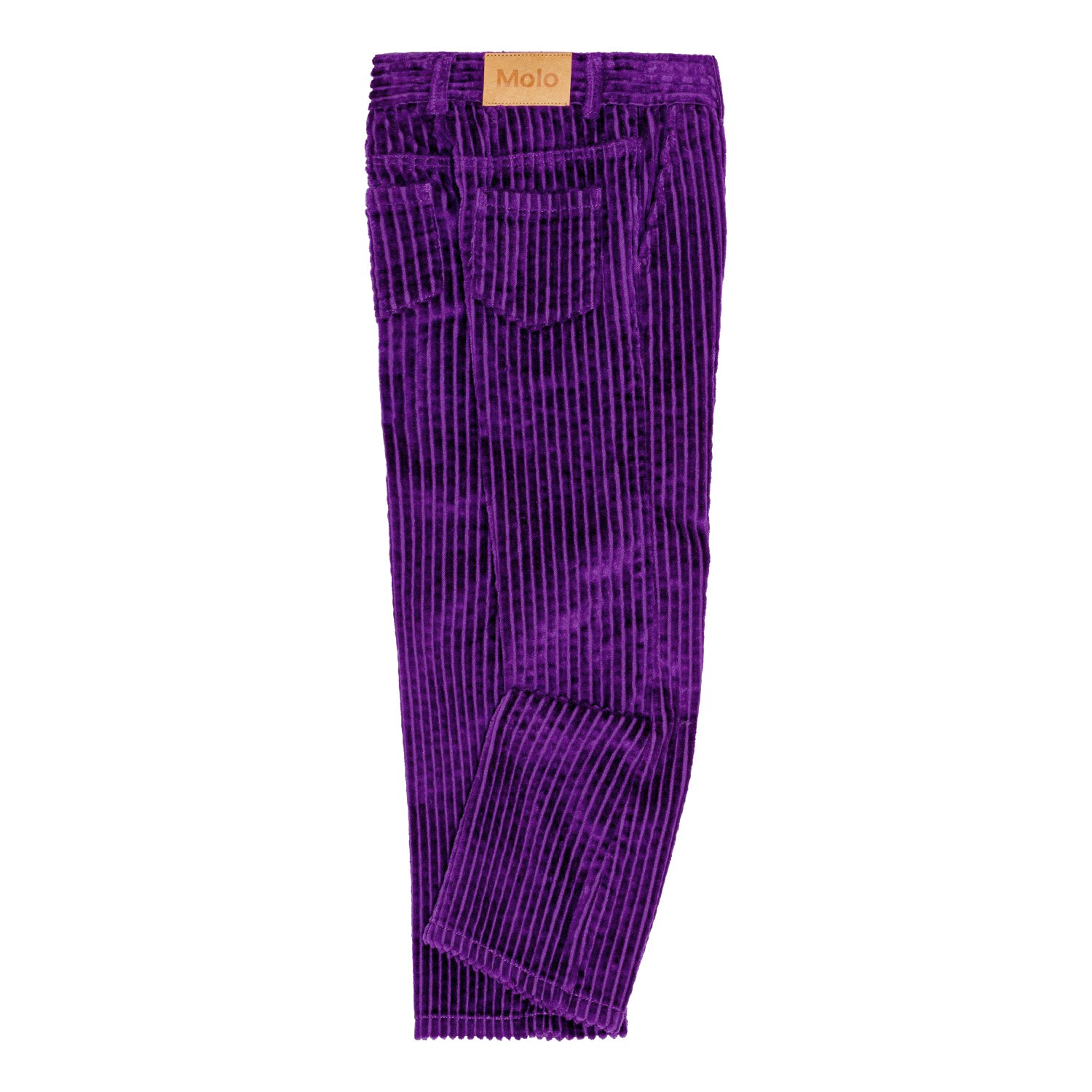 Un pantalon évasé mauve en corduroy avec fermeture classique de jeans.