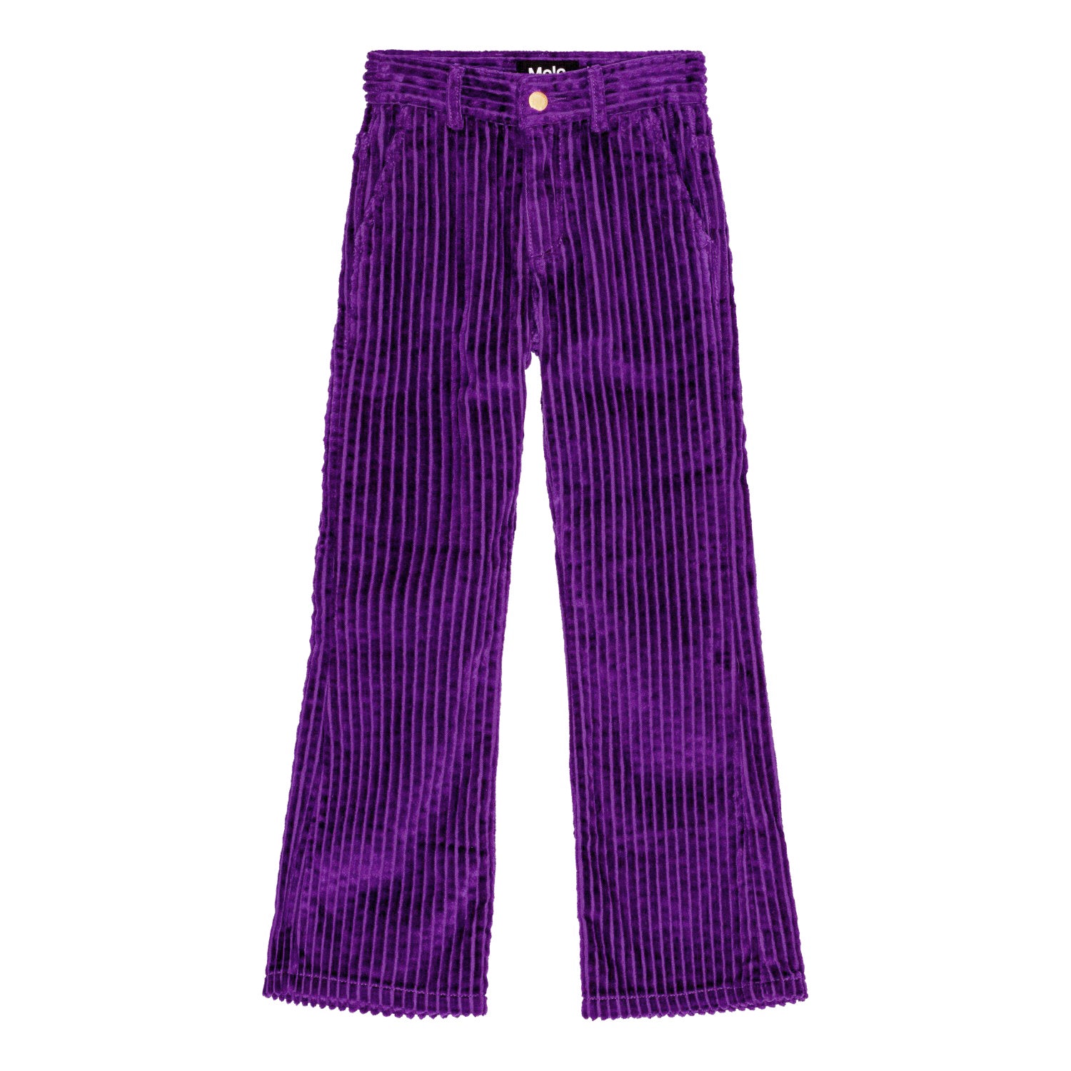 Un pantalon évasé mauve en corduroy avec fermeture classique de jeans.