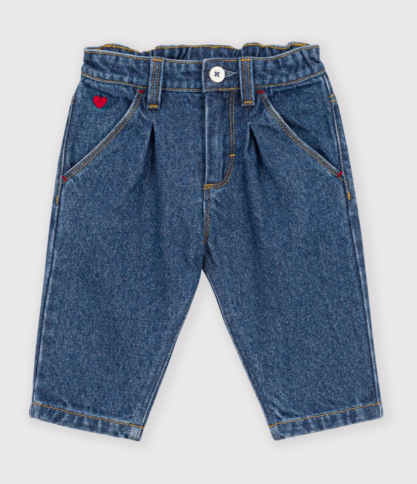 Petit Bateau - Pantalon bébé en denim uni et broderie cœur