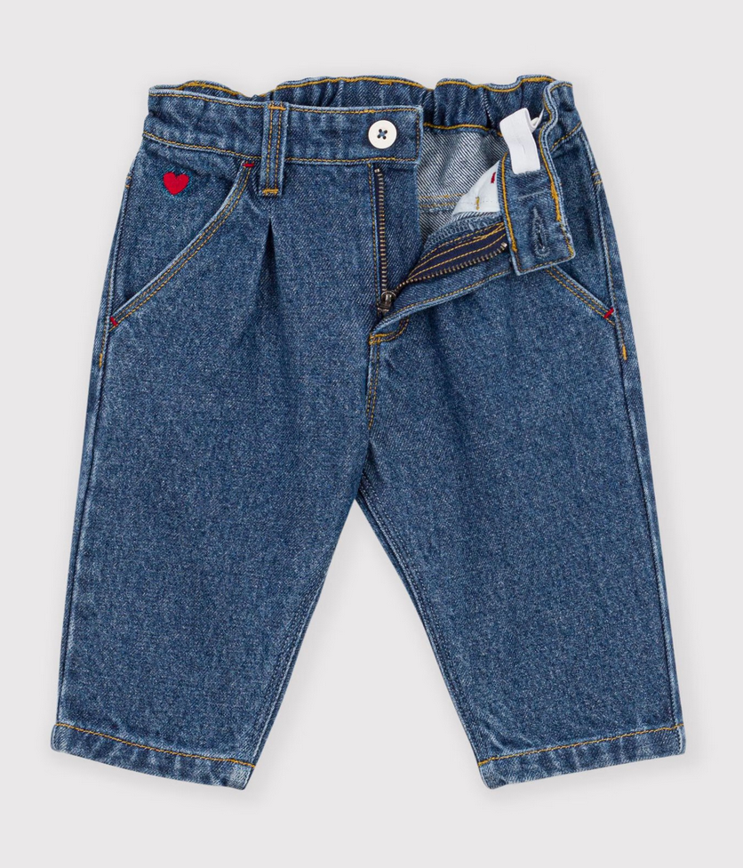 Petit Bateau - Pantalon bébé en denim uni et broderie cœur