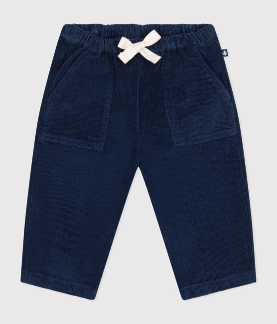 Un pantalon pour bébé en velours côtelé bleu marine avec taille élastique et ruban blanc ajustable.
