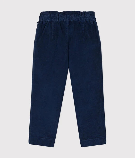 Pantalon en velours côtelé bleu foncé avec taille élastique.