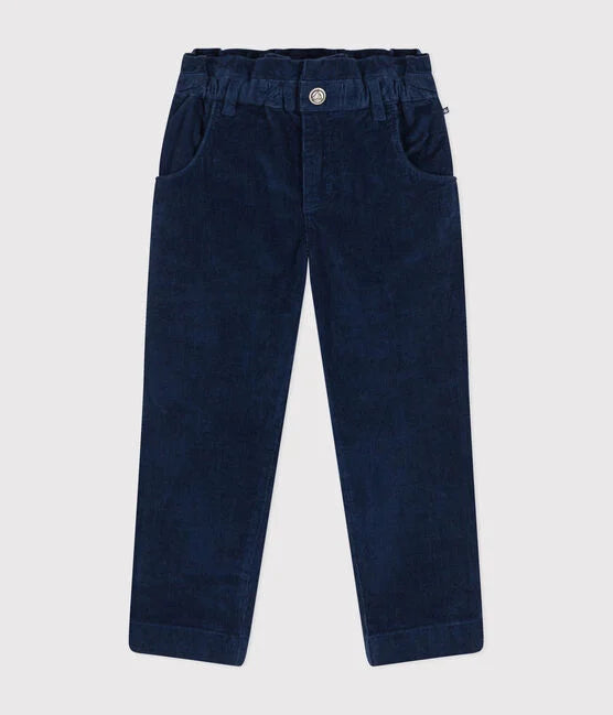 Pantalon en velours côtelé bleu foncé avec taille élastique et ouverture à zipper et bouton.