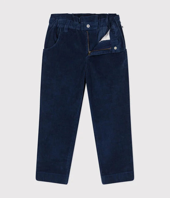 Pantalon en velours côtelé bleu foncé avec taille élastique et ouverture à zipper et bouton.