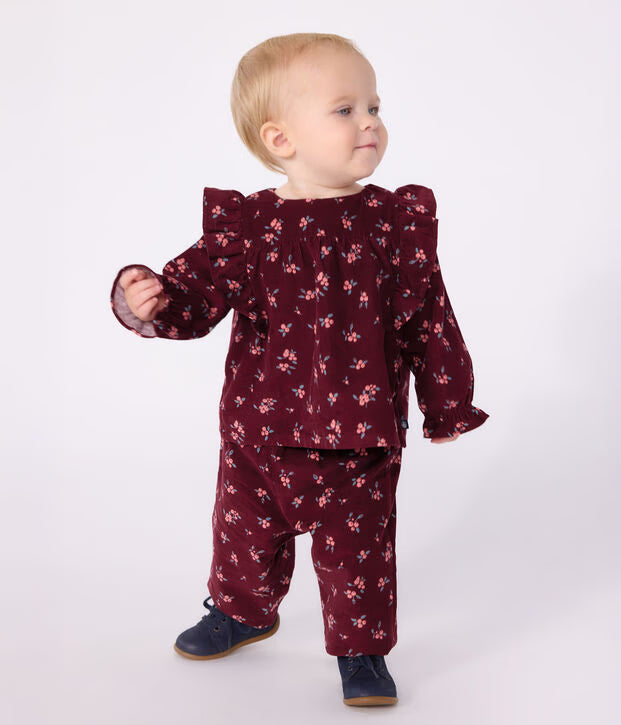 Petit Bateau - Pantalon Bébé en velours imprimé à fleurs