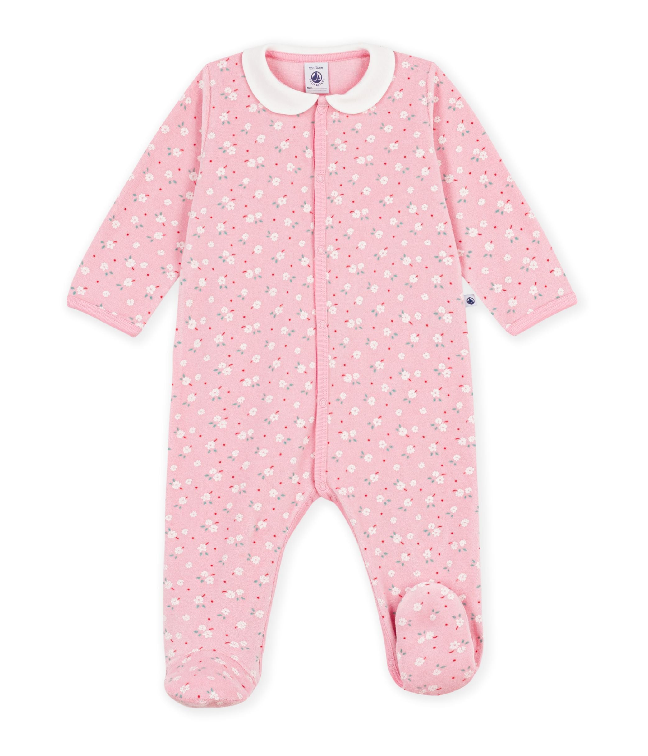 Petit Bateau - Baby velvet pajamas with collar, floral print