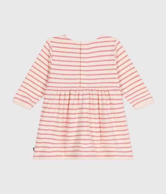 Robe pour bébé à manches longues et col rond, rayée rose et blanc.