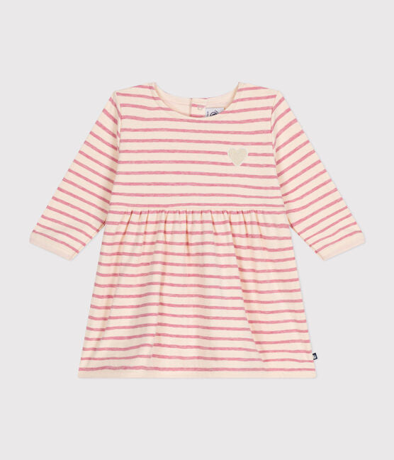 Robe pour bébé à manches longues et col rond, rayée rose et blanc, avec coeur blanc à la poitrine.