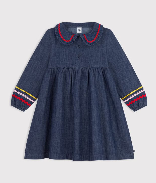 Petit Bateau - Plain long-sleeved denim dress for children