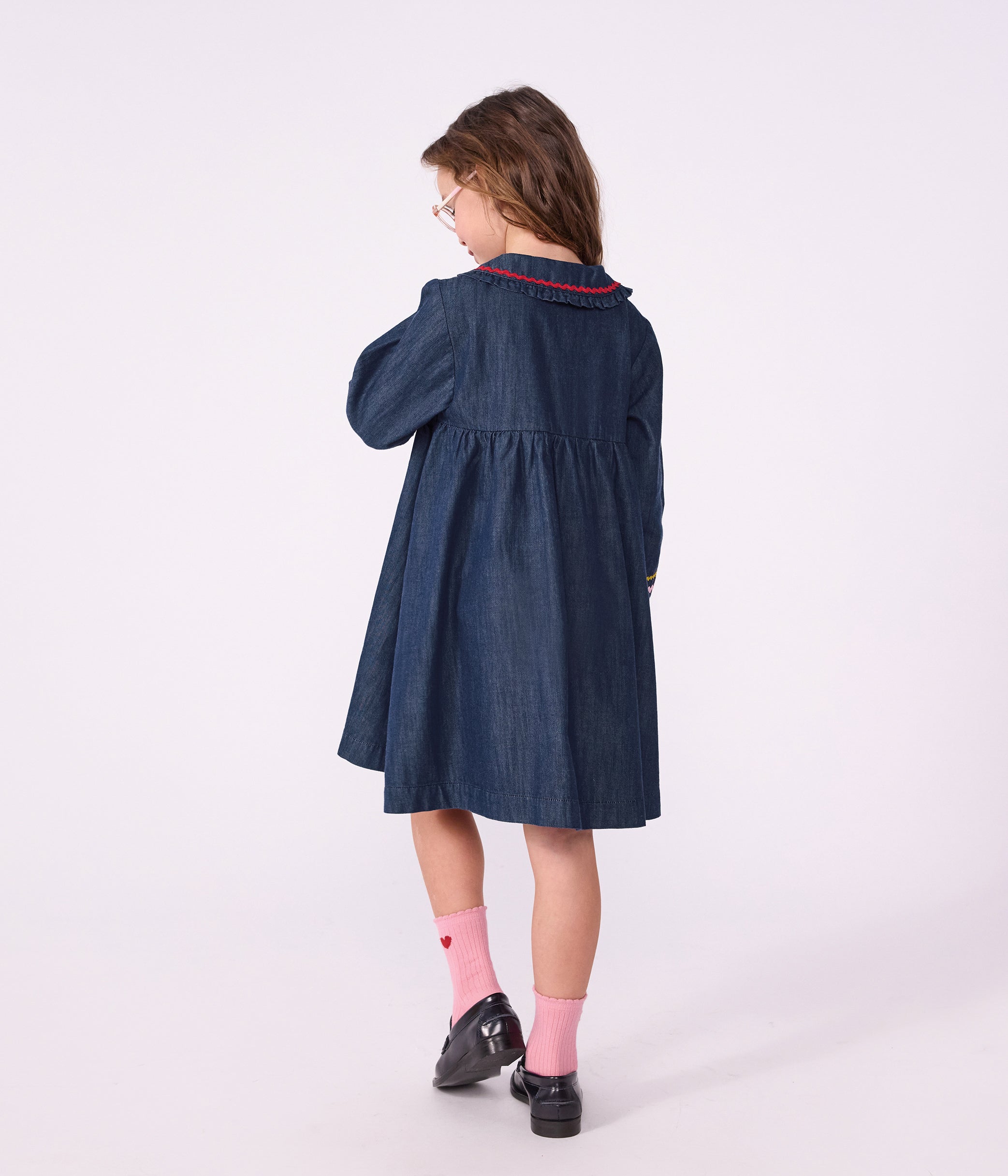 Petit Bateau - Plain long-sleeved denim dress for children