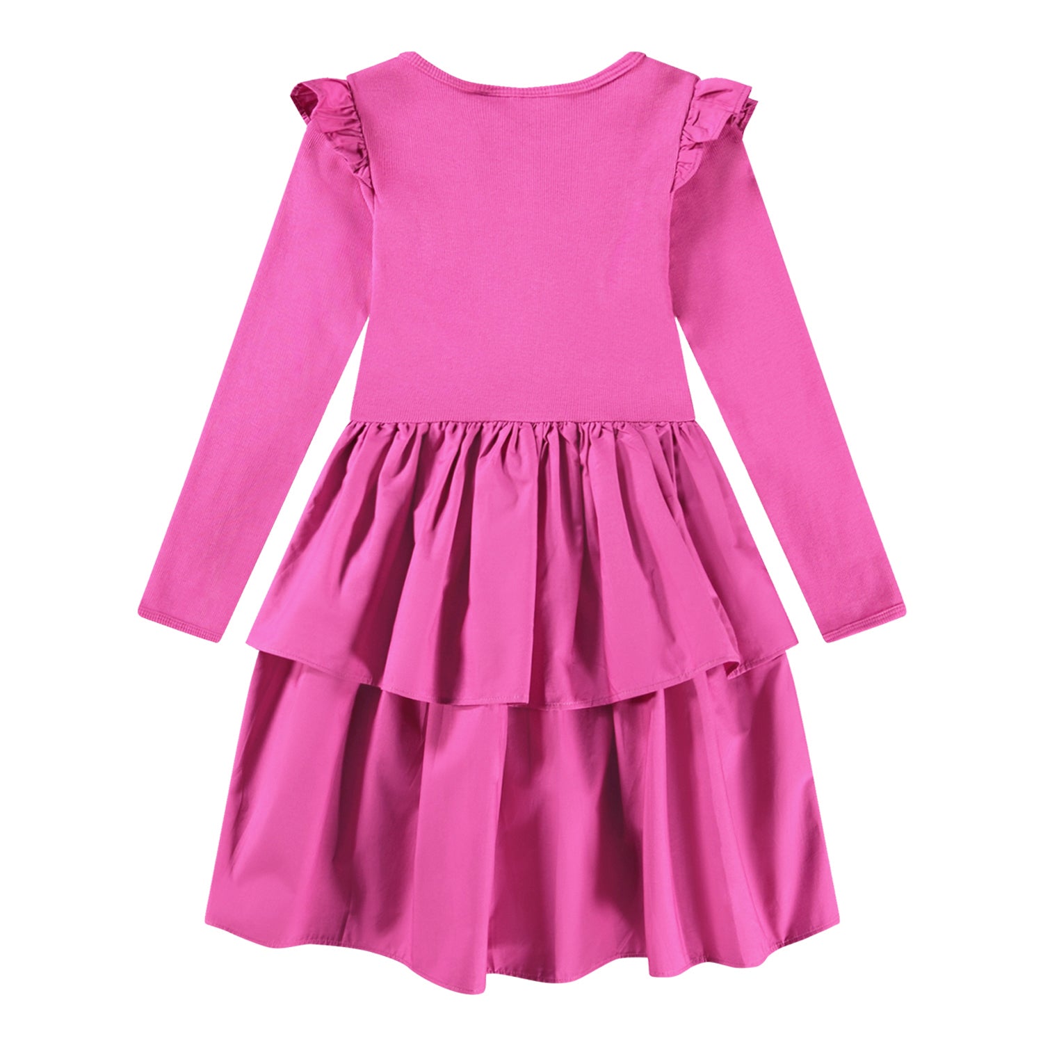 Robe pour enfant rose à manches longues et jupes a 2 volants. Volants sur les épaules.