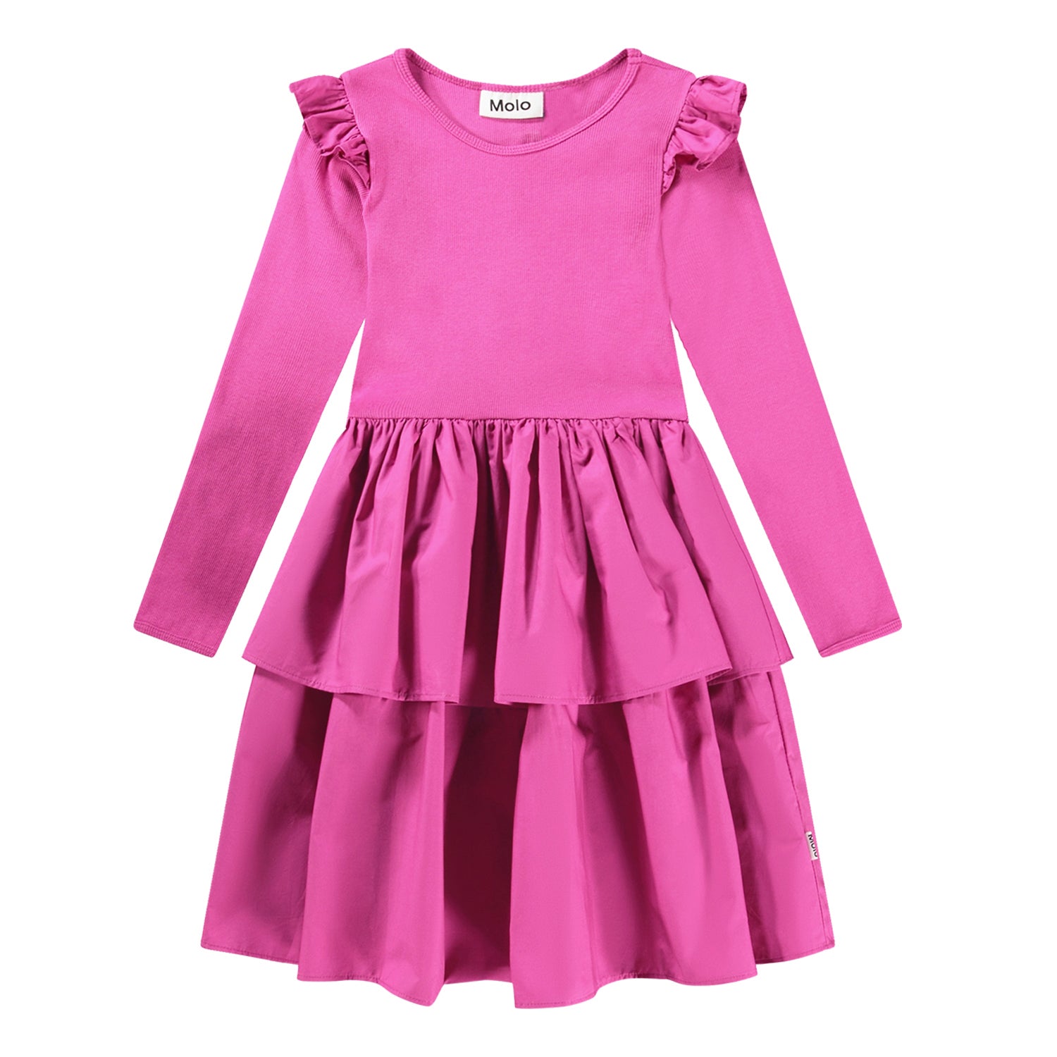 Robe pour enfant rose à manches longues et jupes a 2 volants. Volants sur les épaules.