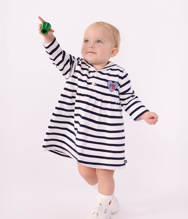 Petit Bateau - Baby's long-sleeved cotton marinière dress with sailor collar