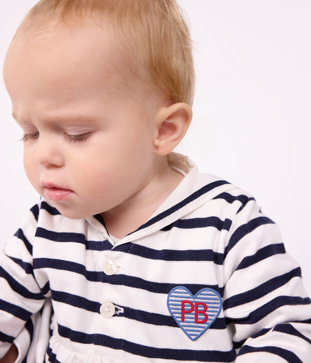 Petit Bateau - Baby's long-sleeved cotton marinière dress with sailor collar