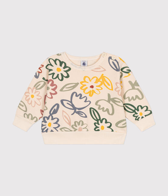 Un sweatshirt pour bébé beige avec un motif de fleurs dessinées colorées.